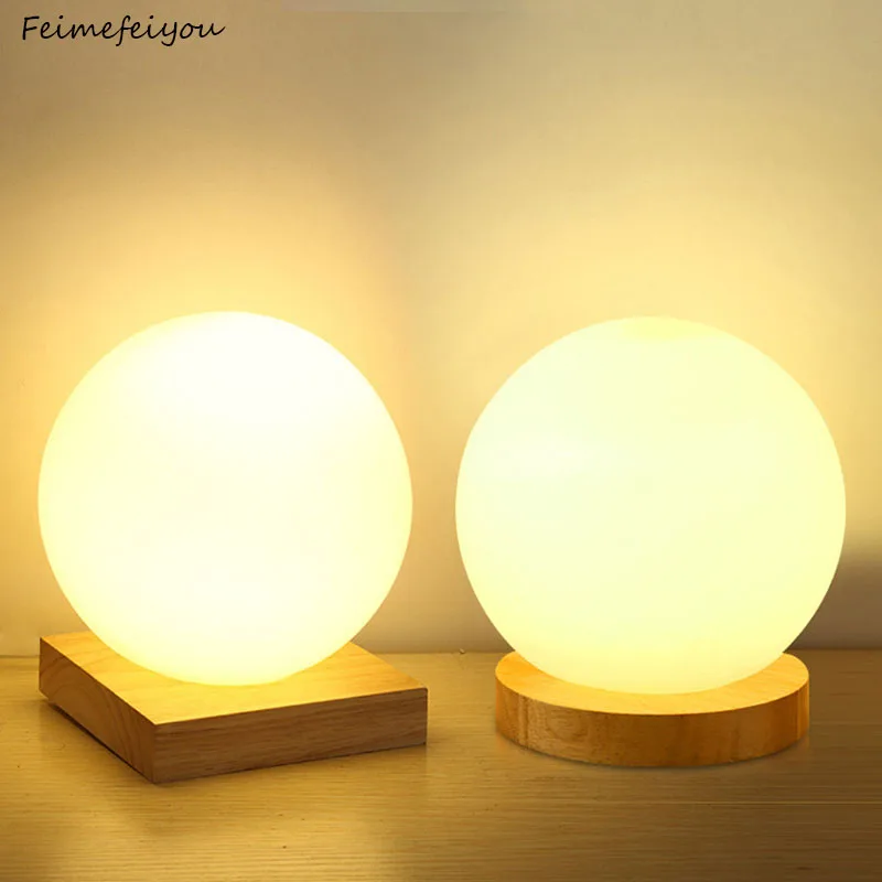 Billig Feimefeiyou 15cm einfache glas kreative warme dimmer nachtlicht schreibtisch schlafzimmer bett dekoration ball holz kleine runde schreibtisch lampe