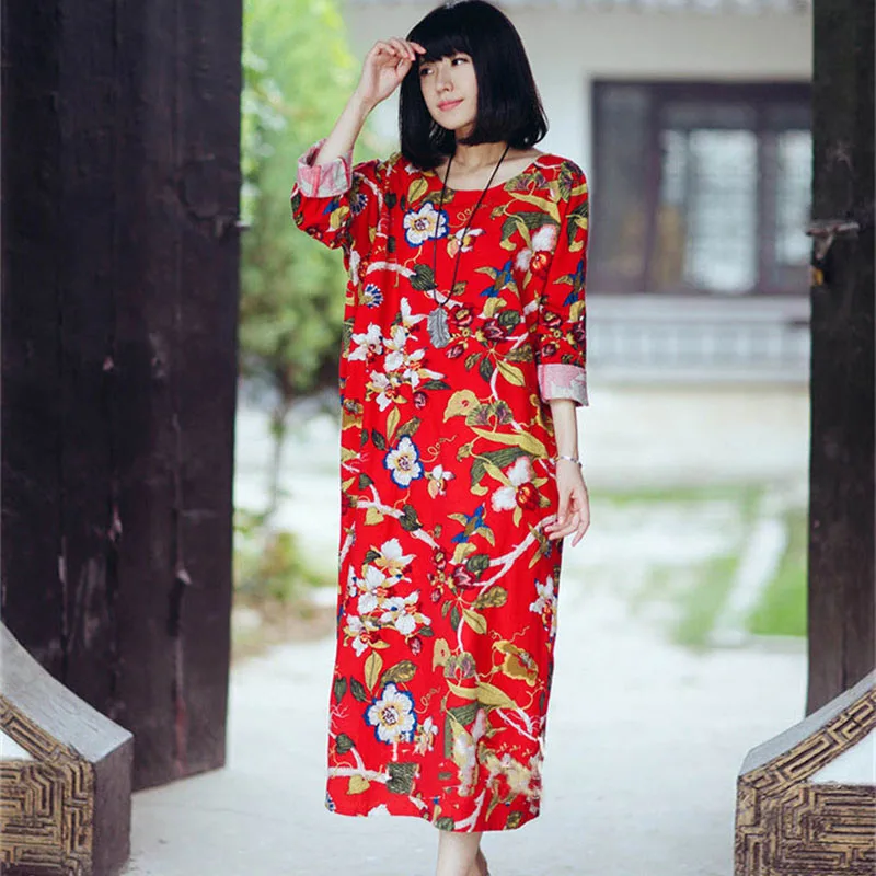 

SCUWLINEN 2019 Eastern Style Spring Casual Dress Long Sleeve Flower Print Tree Branches Loose Linen Dress Maxi Women Dress S42