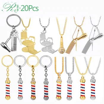 

RJ 20Pcs Wholesale Barber Shop Tools Necklaces 3D Barber Pole Razor Dryer Scissors Comb Hairdresser Pendants Hip Hop Men Jewelry