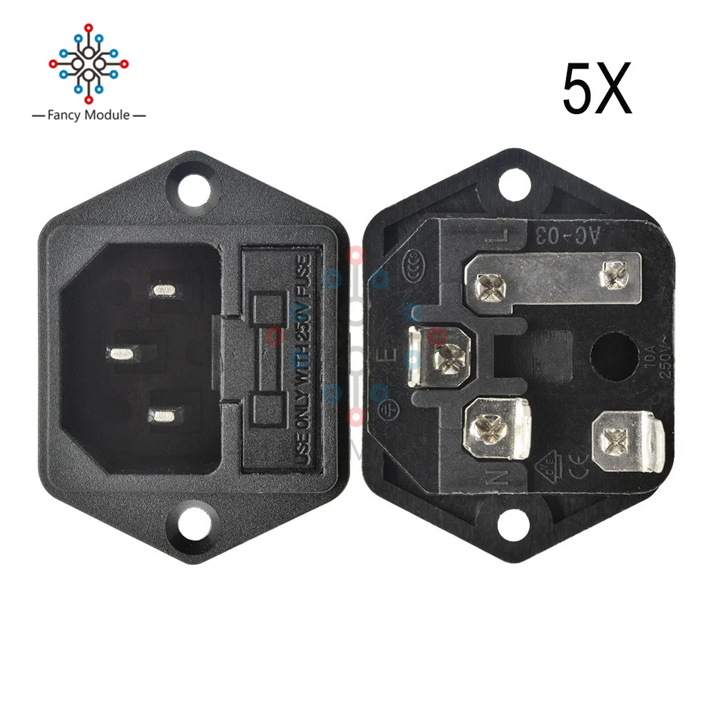 

5PCS/Lot AC 250V 10A IEC320 C14 Male Power Cord Inlet Socket Power Adapter Iron Core with Fuse Holder