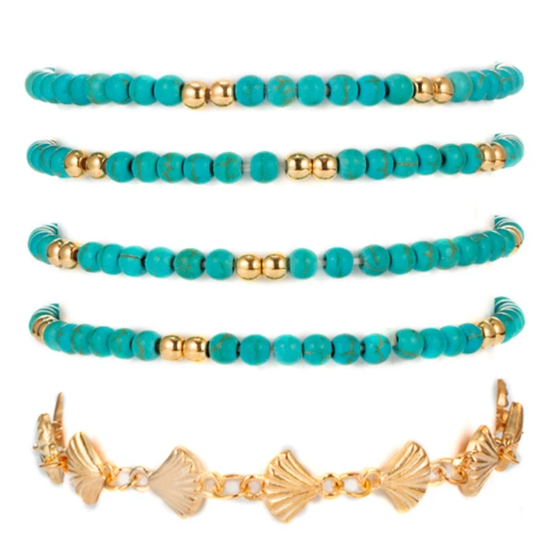 

Summer Blue Handmade Turquoise Beads 5 Piece Set Ladies Bracelet Metal Simple Fashion Scallop Beads Bracelet Female