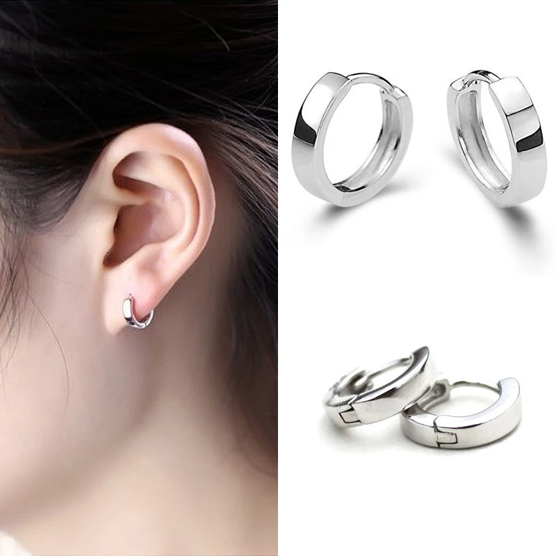 Womens Silver Plated Plain Circle Huggie Stud Hoop Earrings Jewelry Fashion