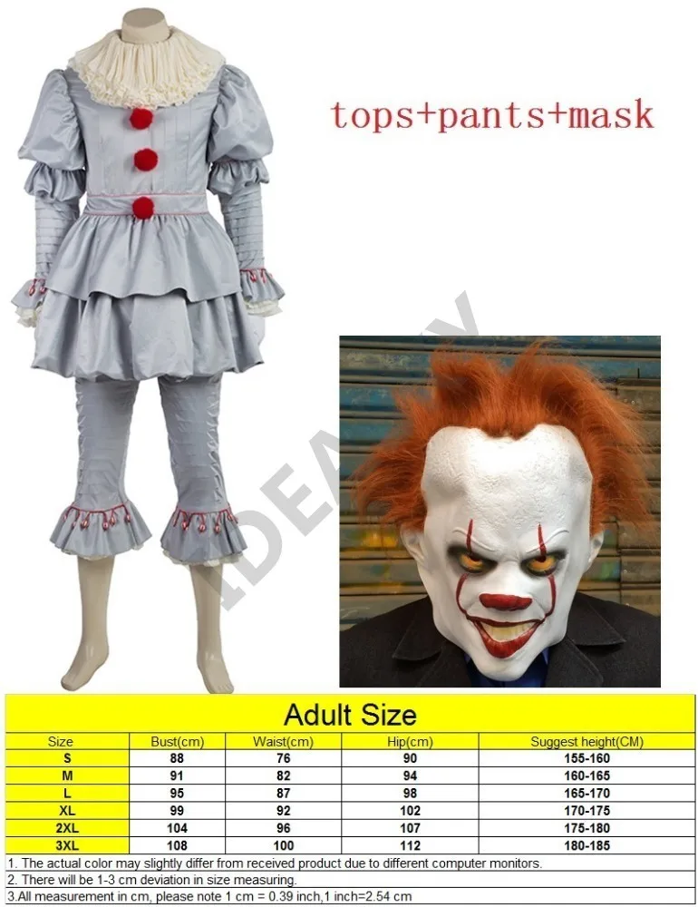 Стивен Кинг это клоун пеннивайз костюм Клоун Маска одежда косплей король женщины Хэллоуин Ужасы костюмы для мужчин Взрослый карнавал - Цвет: AE