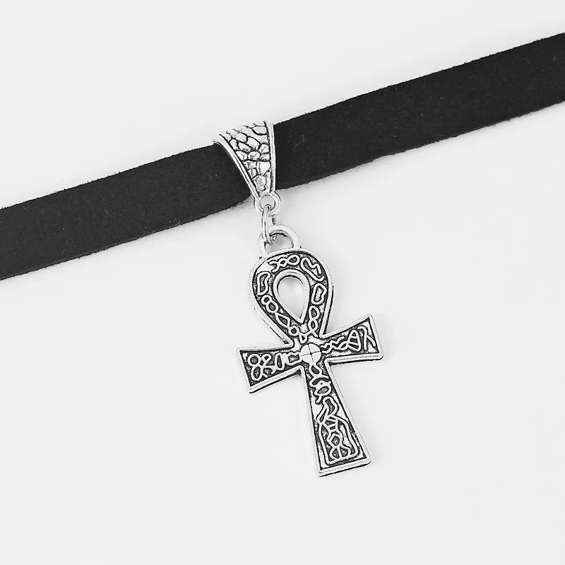 Черный 10 мм плоский шнур из искусственной замши Египетский АНХ крест очарование колье 13 дюймов ожерелье Wiccan языческие готические ювелирные изделия