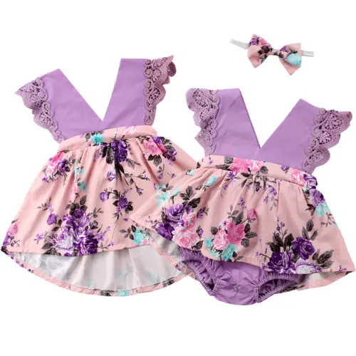 Очаровательный малыш для маленьких девочек сестры подходящий комбинезон платье Цветочный принт кружевной наряд одежда без рукавов в