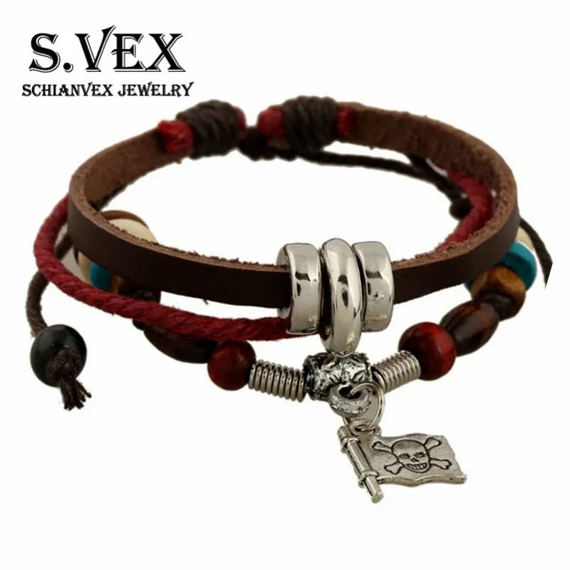 S. VEX Для мужчин s Браслеты 2018 в богемном стиле кожа Веревка Сеть Череп Brecelet