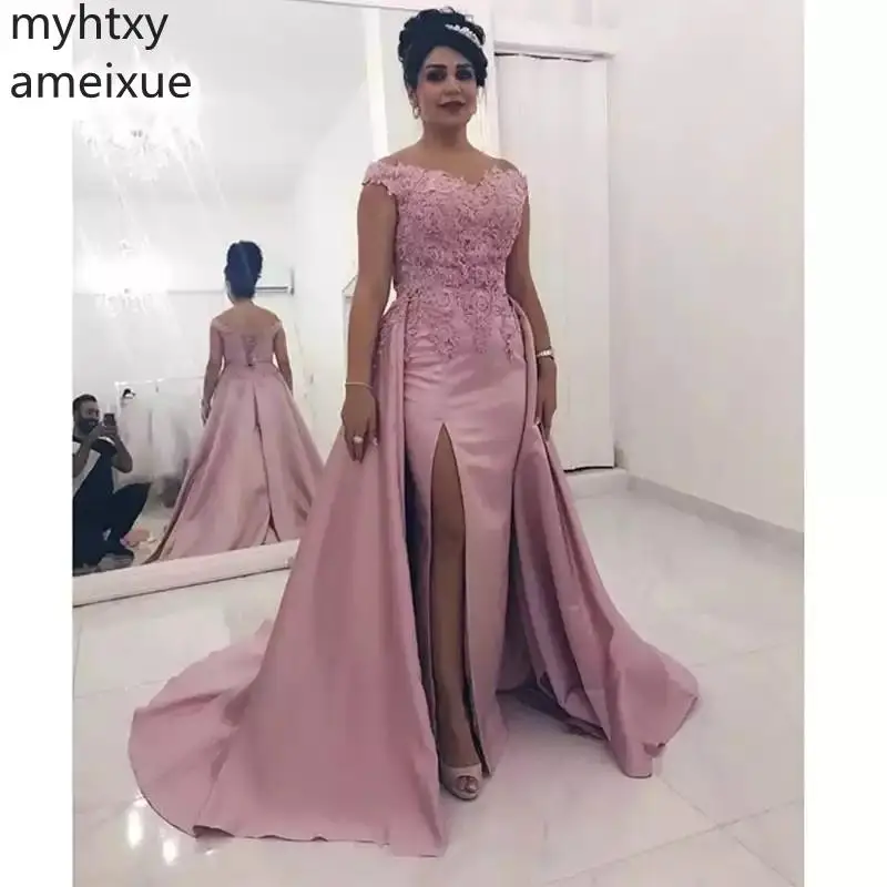 2021 New Pink Plus Size Evening Gown Dresses For Women V-neck Court Train Trumpet Sleeveless Floor-length Satin Empire Off The | Свадьбы и