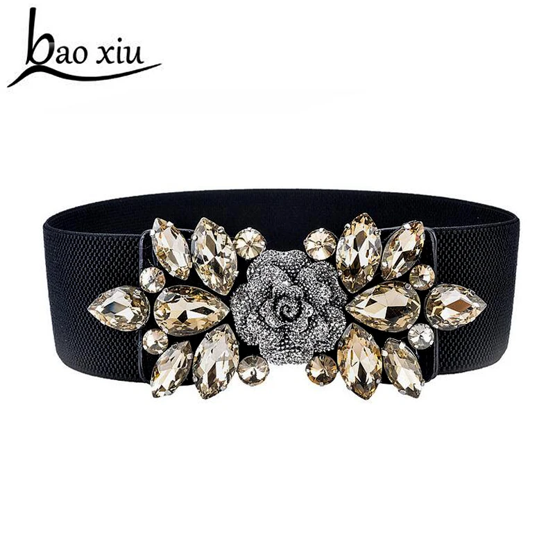New big Rhinestone crystal flower Elastic Belt Womens wide Belts Luxury
