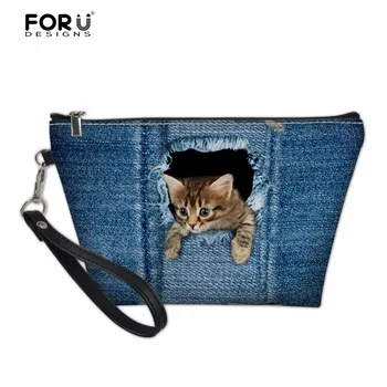 

FORUDESIGNS Cute Girls Cosmetic Bags 3D Denim Animal Cat Dog Printed Women's Small Travel Makeup Organizer Cosmetic Cases Pounch