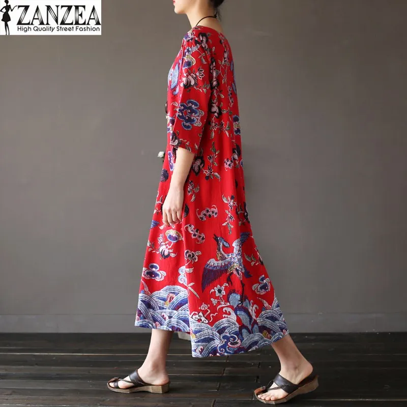 ZANZEA/Новинка; модное женское летнее платье с цветочным принтом и круглым вырезом; 3/4 рукав; карманы; осенние Повседневные Вечерние длинные платья; Vestido размера плюс
