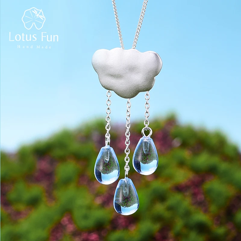 Lotus Fun Genuine 925 Sterling Silver Pendants for Women Tassel Cloud Rain Drop Crystal Silver Pendant without Necklace Jewelry