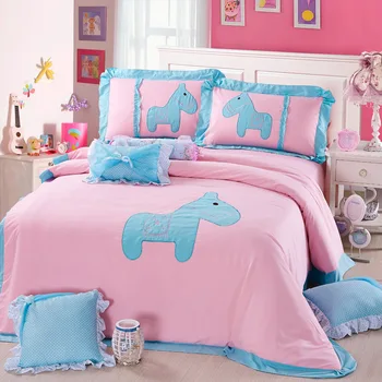 

Soft Comfortable Cartoon Lovely Pony Applique Bedding set Ruffles Duvet Cover Bed Sheet Pillowcases Twin Queen size 3/4Pcs