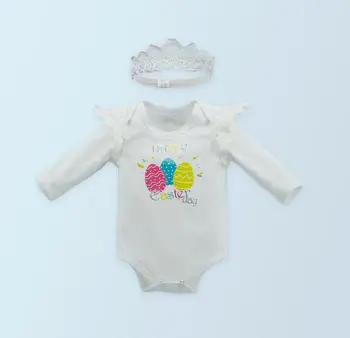

2PC/Set Long Sleeves Baby Girl Happy Easter Day Clothes Infant White Angel Romper Infant Girl Outfit Lace Crown Headband for 24M