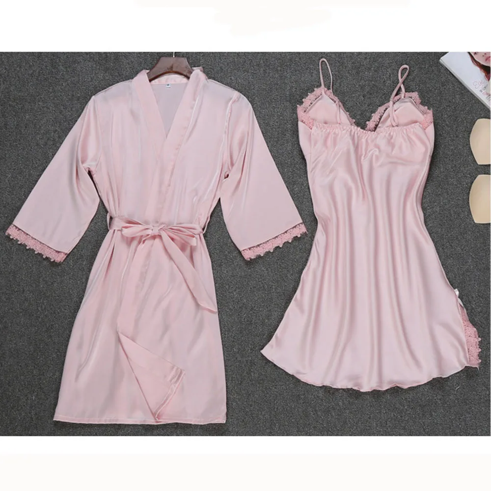 New Women Ladies Sexy Silk Satin Dress Bathrobe Nightgown Sets Lace Kimono Pajamas Lingerie Sleepwear chemise de nuit femme