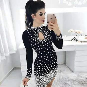 

New Fashion Luxury Beading Strong Stretch Women Bandage Long Sleeve Outfit Clothing Vestido Chic Christmas Party Dress Wholesale