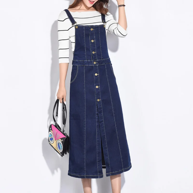 Full Sizes XXS 7XL Womens Denim Suspender Skirt Long 2017 Preppy Style
