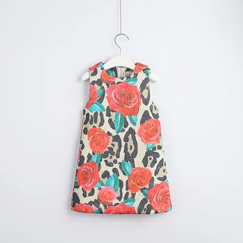 

Girl's O-neck Sleeveless Red Roses Flowers Print Casual Fashion Straight Dresses 100% Cotton Casual Top Dresses