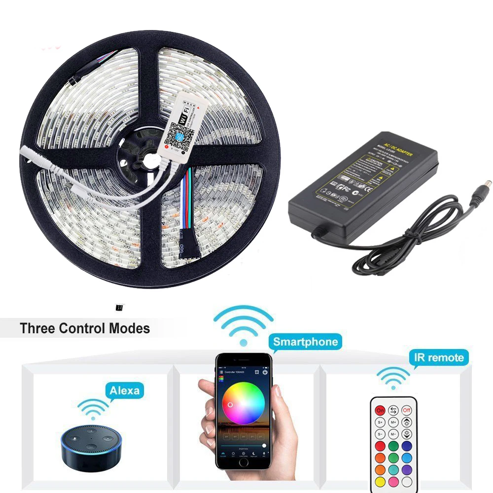 

5M 600 LED Strip light 5050 RGB RGBW RGBWW WIFI Diode Tape Alexa Google Home WIFI RF Remote Controller 12V adapter Full Kit