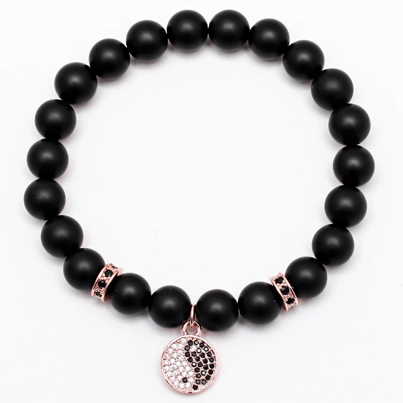 Mcllroy Taiji Charms Luxury Men Bracelet CZ Paved Two Stoppers Yin Yang Pendant Charm Bracelet 8MM Black Beads Bangles