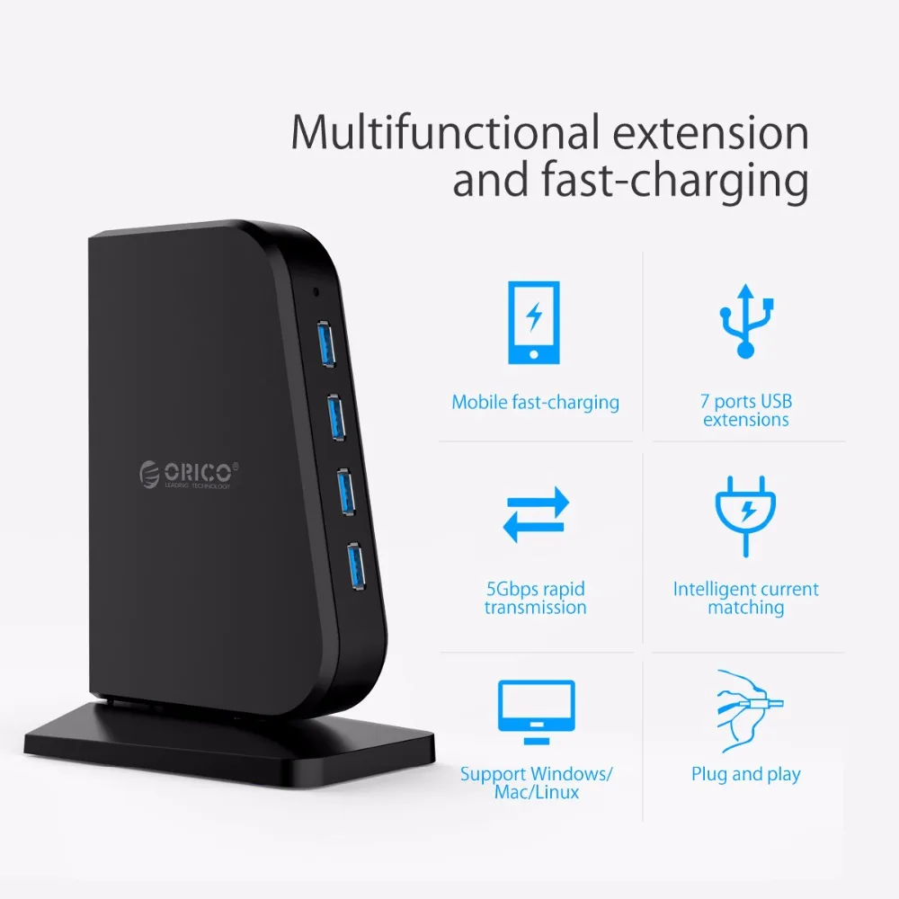 ORICO 7 портов USB 3 0 концентратор супер скорость 5 Гбит/с QC протокол BC1.2 зарядный