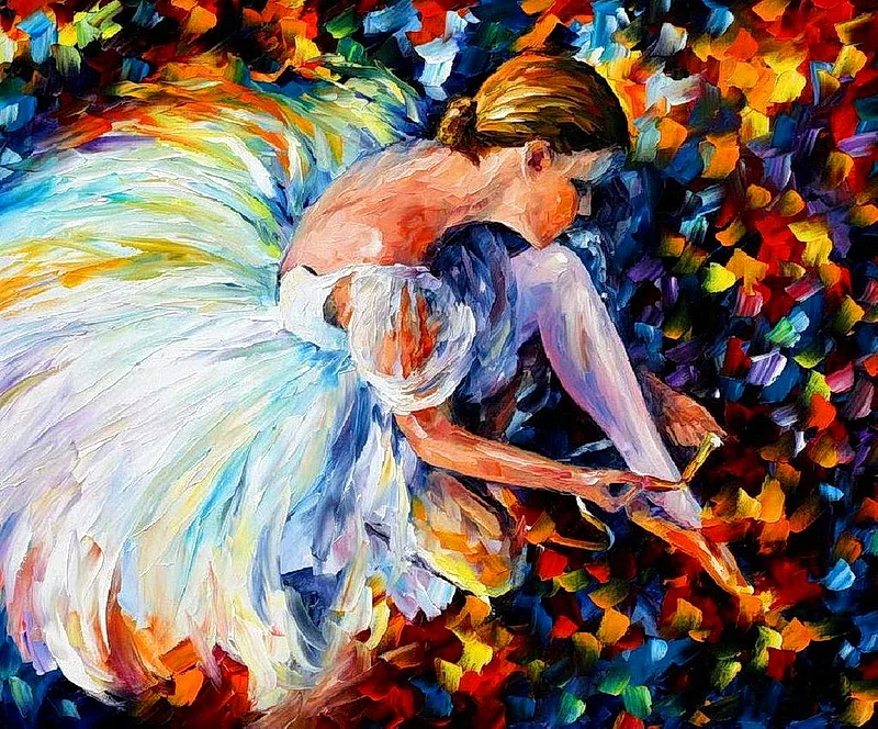 

Modern handmade painting girl tieing dance shoes on painting canvas for living room decor and wall art poster