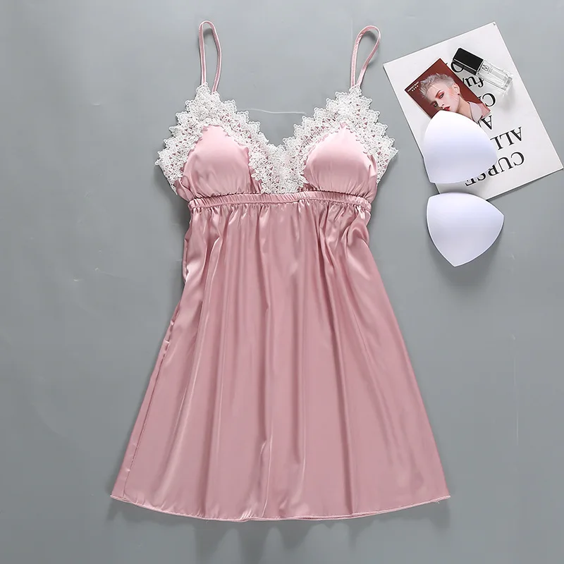 

Women Sleepwear 2019 Summer Lace Lingerie Nightgown Sexy Backless Night Dress Forked Home Wear Elegant Satin Negligees