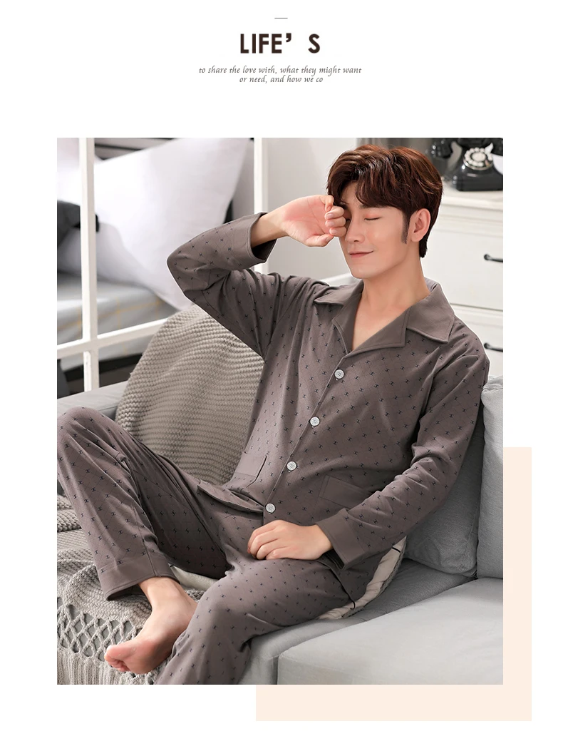 Sleep Suit Men Spring Autumn Cotton High Quality Brand Pajama Set Men Long Sleeve Blue Color Stripe Sleepwear Pajama Male