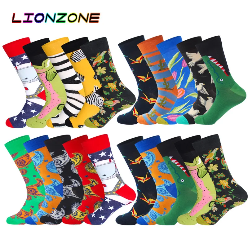 

LIONZONE 5Pairs/Lot 2018 New Socks Men Dress Cool Hip Hop Cotton Crew Long Designer Skate Brand Happy Meias Art Sox Wholesale