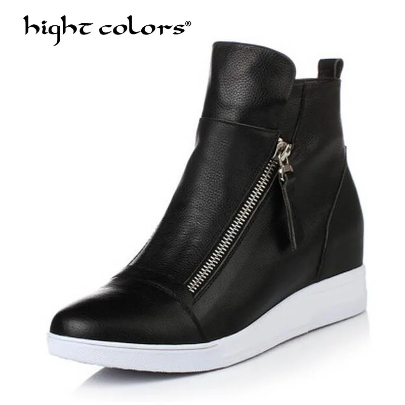 

New 2019 Fashion Round Toe Genuine Leather Wedges Ankle Boots Flat Casual Shoes For Women Black White Shoes Female