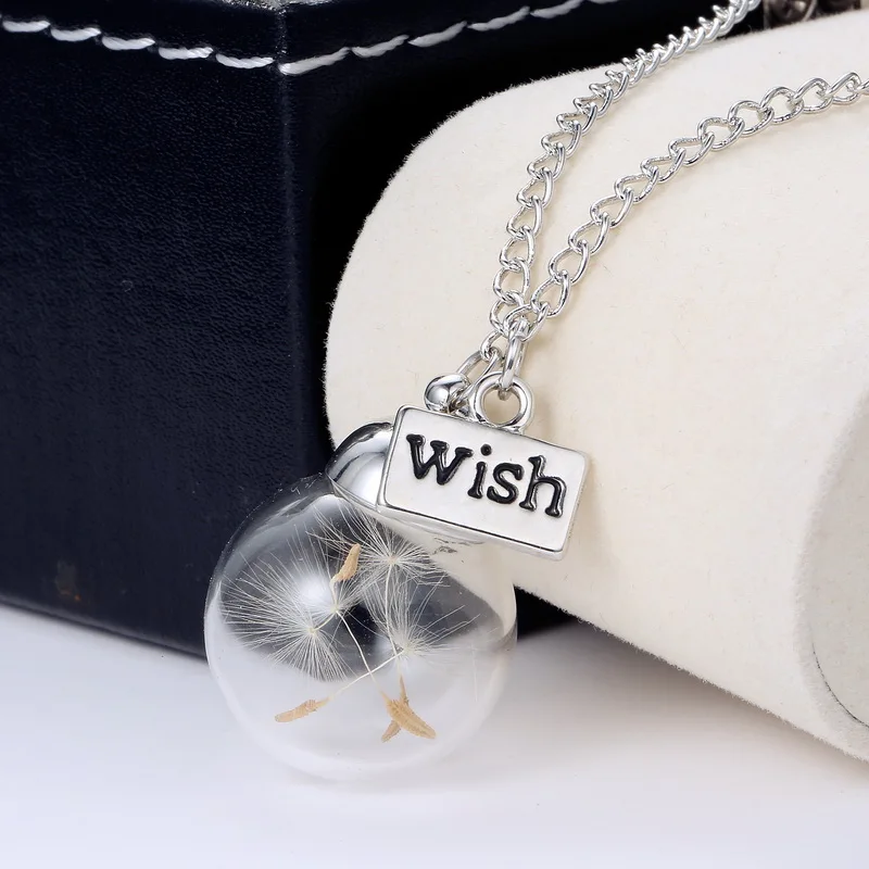 Ринху стеклянная бутылка ожерелье натуральный Одуванчик семя в стеклянном Длинном Ожерелье сделать пожелание стеклянный шарик Orb посеребренное ожерелье