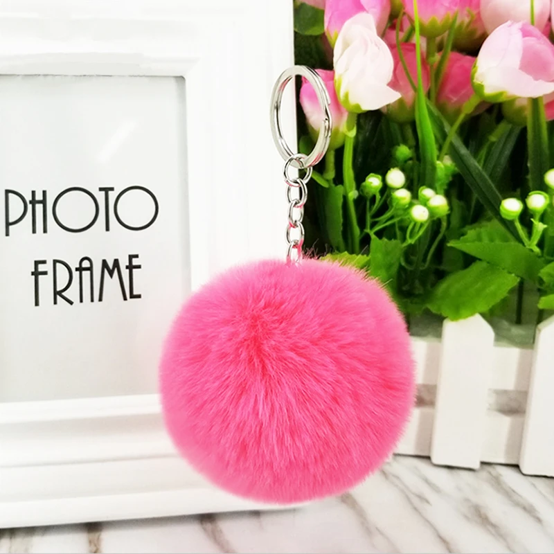 

Faux rabbit pompom 8CM key chain artificial Rex rabbit fur pendant ladies bag plush hang car key accessories holiday gifts