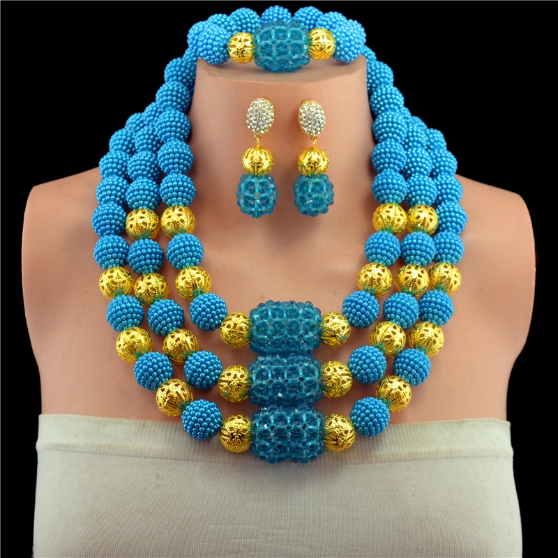 

Top Quality Deep Lake Blue Crystal Beads African Jewelry Set Nigerian Wedding African Beads Statement Necklace Set Free Shipping