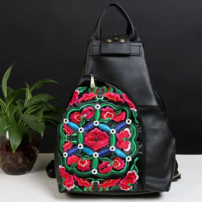 

lady Vintage flower floral Prints bag Girl's Black Genuine Leather Embroidery Women's Shoulder Satchels Backpack Book Bags girl