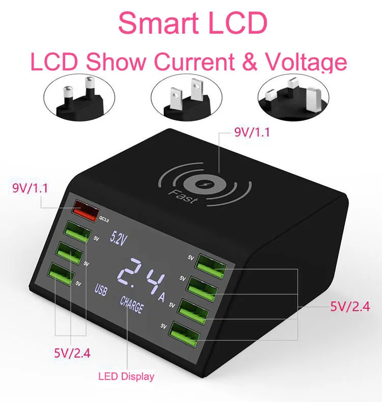 Универсальное Мульти 8 Портовое Lcd USB Qi Беспроводное зарядное устройство для Iphone X 8 Plus 60 Вт быстрая 3,0 Быстрая зарядка для samsung S10 S9 Xiaomi Mi 9