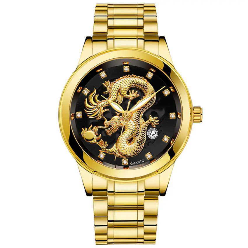 Мужские часы, брендовые, новые, Роскошные, нержавеющая сталь, ремешок, водонепроницаемые, золотой дракон, скульптура, мужские наручные часы, светящиеся, наручные часы LS* D - Цвет: A