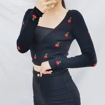 

Fashion 2019 Summer Women Cherry Embroidery Crop Tops V-Neck Knitted Wrap Rib Long Sleeve Knit Pullover