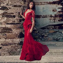 Vestidos de Fiesta Sexy V-ausschnitt Appliques Spitze Abendkleid Long Sleeve Mermaid Burgund Prom Kleider Robe De Soiree