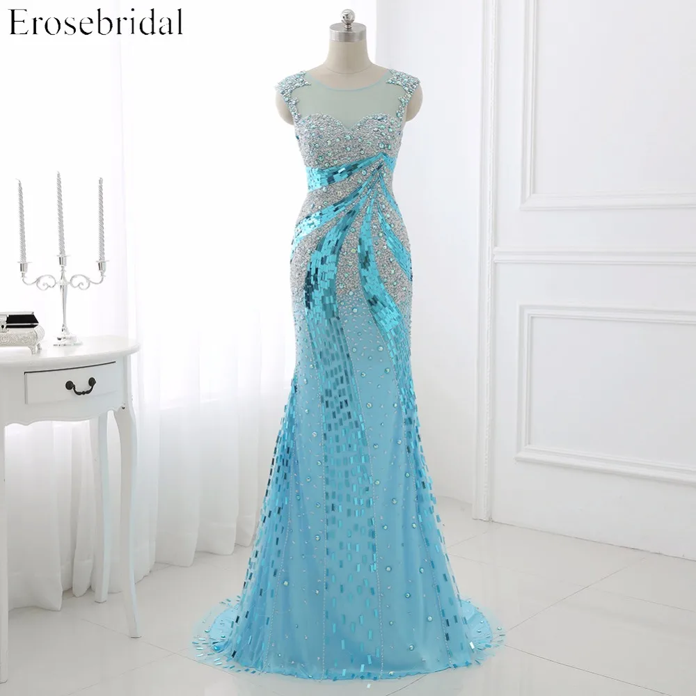 Prom Dresses Erosebridal 2019 Sparkly Beading Mermaid Evening Party Gowns Sheer Neck Gala Dress Illusion Back Custom Made ZCC05
