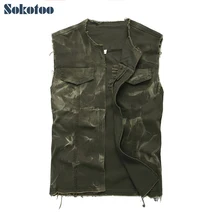 Sokotoo мужской армейский зеленый с o-образным вырезом открытый стежок джинсовый жилет без рукавов с дырками потертый топ с бахромой жилет верхняя одежда
