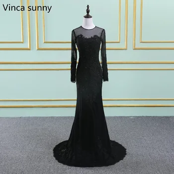 

2019 sexy Mermaid Evening Gowns Bateau Lace applique Court Train Black Backless Long sleeve Party Prom Dresses