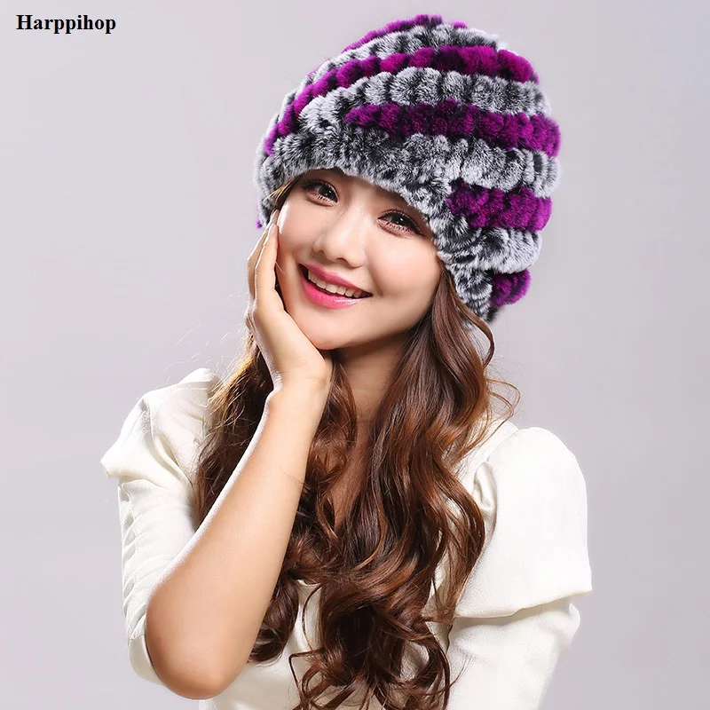 

Fur Hat Guarantee 100% Natural Genuine Rex Rabbit Fur Cap Knitted Hats For Winter Women Beanies bone Warm Pineapple Cap