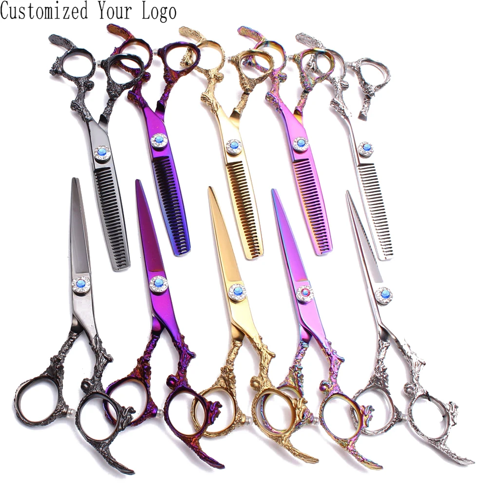 

2Pcs 5.5" JP 440C Customized Logo Barber Shop Haircut Scissors Cutting Scissors Thinning Shears Professional Hair Scissors C9005