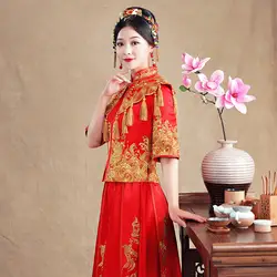 Летние NewTraditional китайский свадебное платье вышивки Cheongsam Длинные Qipao платья Китай Костюмы магазине Vetement Chinois Femme