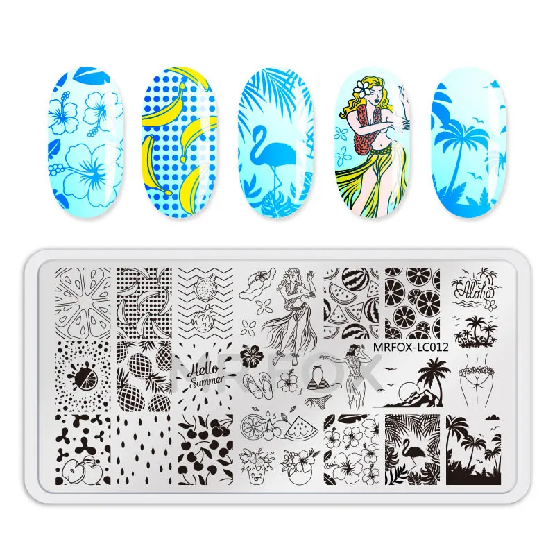 1 шт мультфильм фрукты шаблон пластины для штамповки ногтей цветы Фламинго трафареты изображений для ногтей штамп Инструменты маникюр шаблон - Цвет: MRFOX-LC012
