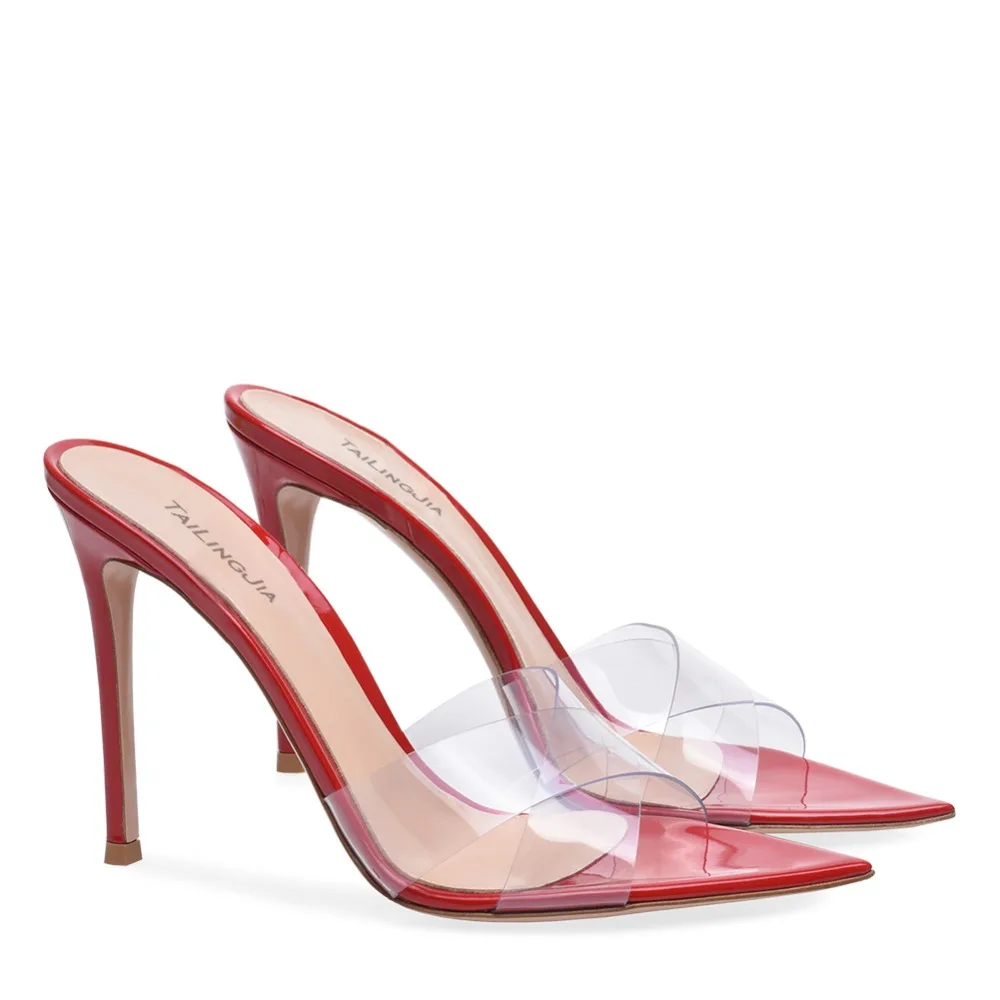Tacones red Transparente Mujeres Rojo Damas Pie Zapatos Del Dedo Puntiagudo Abierto Sandalias Mulas Verano nude De Pvc Alto Tacón Negro Boda Las Black awq81w