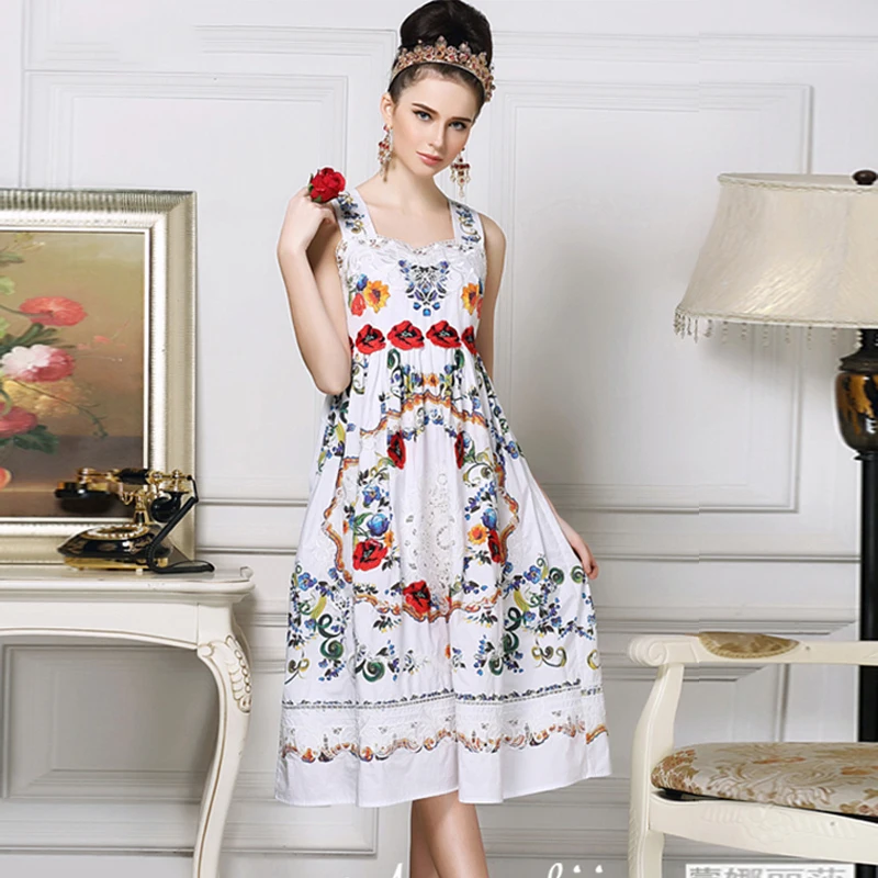 

Princess Dress New 2019 Summer White Patchwork Fashion Spaghetti Strap Above Knee Flower Embroidery & Print Hollow Sweet Dress
