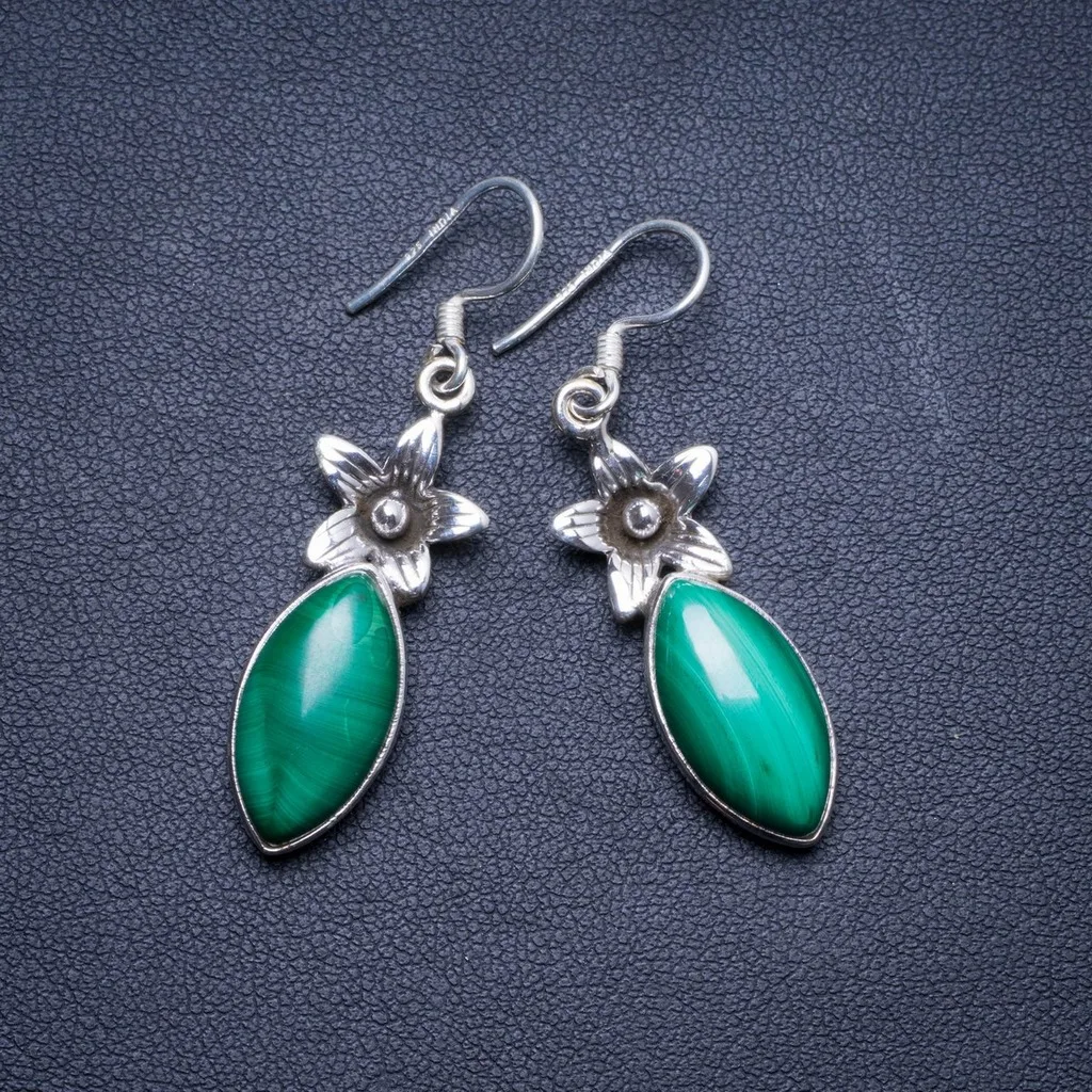 

Natural Malachite Handmade Unique 925 Sterling Silver Earrings 1.75" X4238