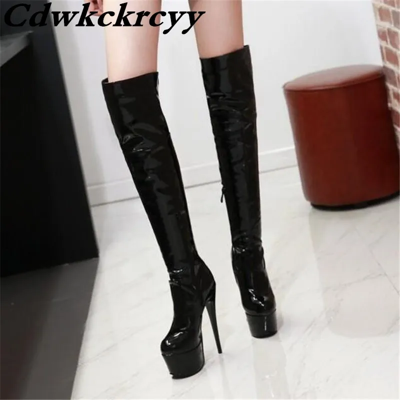 

Promotion Super heel Waterproof Women Boots Steel tube dance perform Patent leather Posterior frenulum sexy Over the knee Boots
