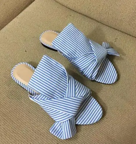 

Fashion Women Flats Sandals Elegant Blue Gingham Butterfly Knot Summer Flip Flops Plaid Flats Women Vocation Slippers Real Photo