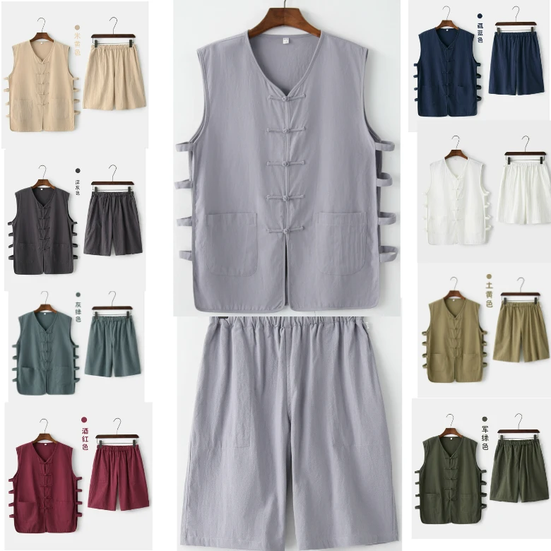 

Summer men cotton&linen shaolin monk kung fu uniform vest tang suit wing chun lay meditation zen shortsclothing blue/green/red